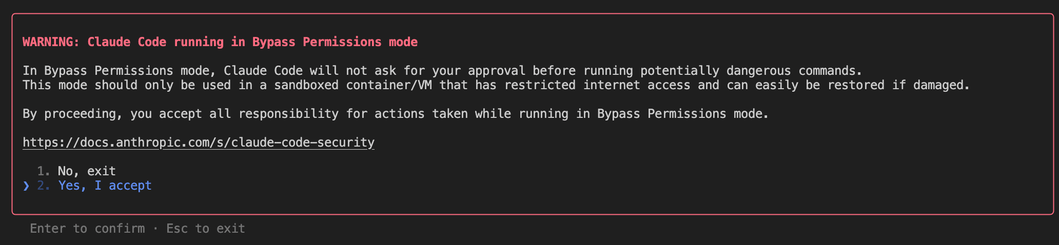 Prompt warning about Claude YOLO mode