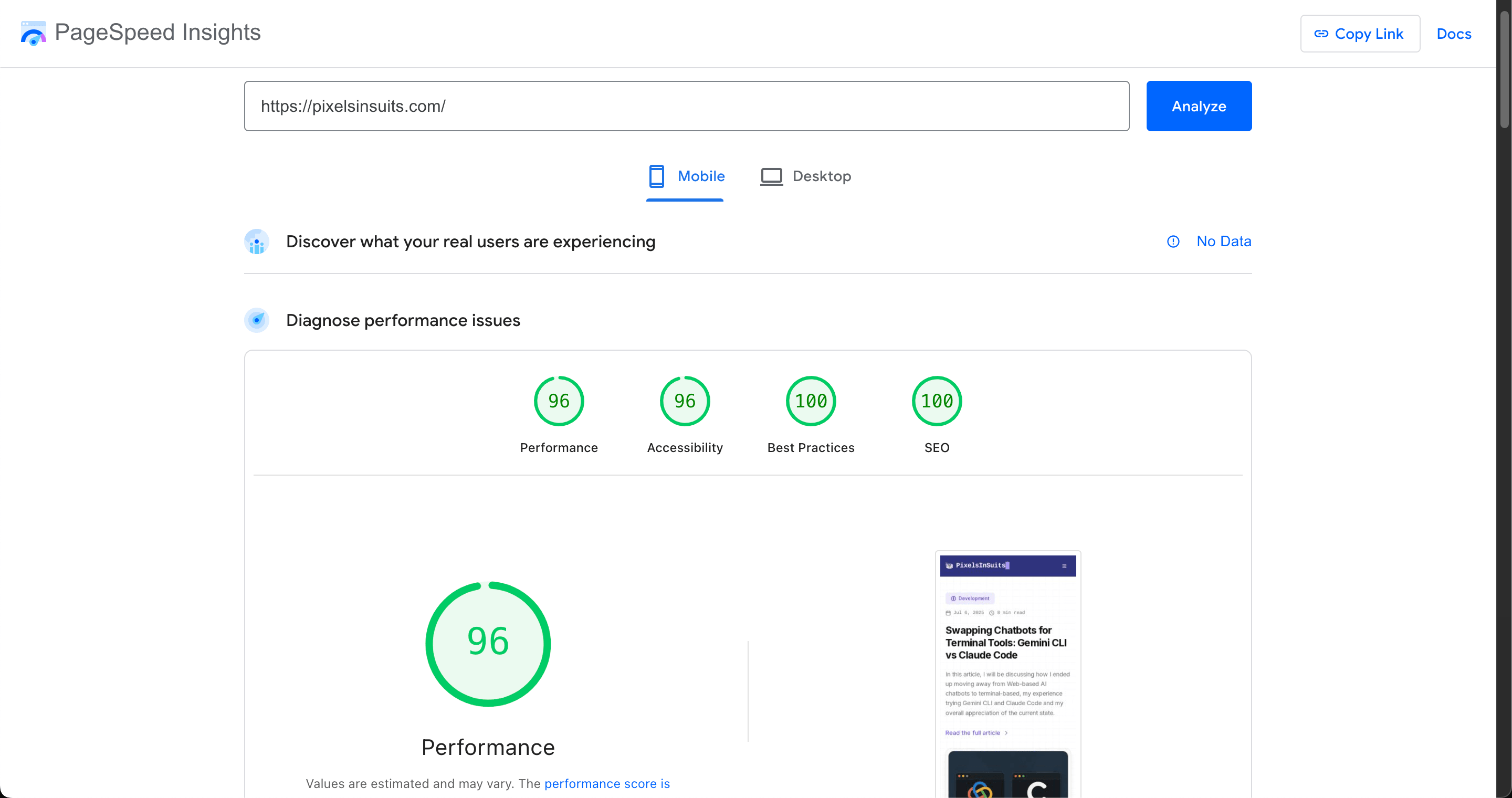 Performance score after improvements