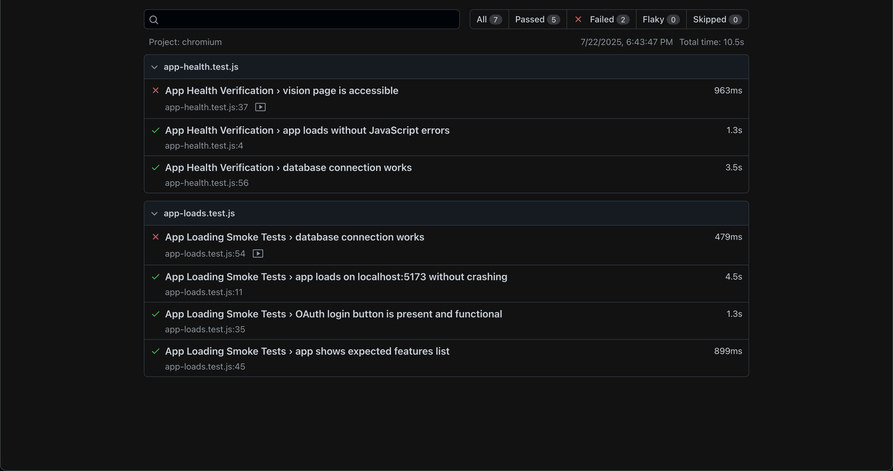 Report showing each test individually ran