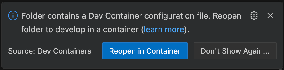 Visual studio code prompt to reopen the folder in a container